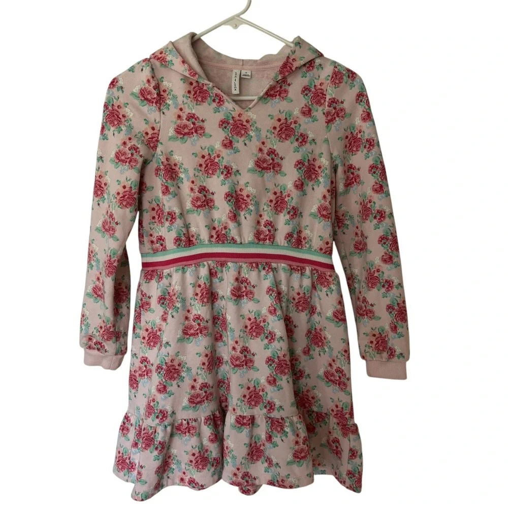 Janie & Jack Pink‎ Floral Hooded Sweatshirt Dress Girl's 12 Long Sleeves Roses